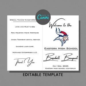 Peut inclure: Un modèle d'invitation blanc pour le banquet de baseball de l'Eastern High School. La conception comprend une mascotte Viking, les mots "Welcome to the" et "Baseball Banquet", et une liste de sponsors. Le texte "Thank You" est également inclus.