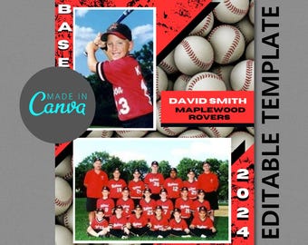 Puede incluir: Una plantilla de béisbol roja y negra con una foto de un niño pequeño con un uniforme de béisbol y una foto de equipo. El texto "BASE" está en letras blancas grandes en el lado izquierdo de la plantilla. El texto "DAVID SMITH MAPLEWOOD ROVERS" está en letras blancas en el lado derecho de la plantilla. El texto "2024" está en letras blancas en el lado derecho de la plantilla. El texto "PLANTILLA EDITABLE" está en letras blancas en el lado derecho de la plantilla.