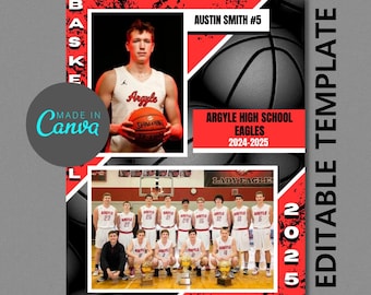 May include: A basketball team photo template with a red, black, and white color scheme. The template features a basketball player holding a basketball, a team photo, and the text "Argyle High School Eagles 2024-2025".