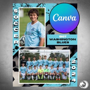 Könnte beinhalten: Ein blaues und weißes Fußballteamfoto mit dem Teamnamen "B07 WASHINGTON BLUES" und dem Jahr "2024". Das Team trägt blaue und weiße Trikots und schwarze Shorts. Das Foto ist vor einem blauen und weißen Hintergrund mit einem Fußball und dem Wort "SOCCER" in schwarzen Buchstaben.