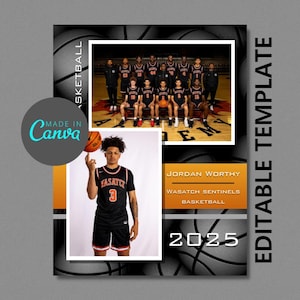 May include: A basketball player in a black and orange jersey with the number 3 on it, holding a basketball. The player is standing in front of a black and orange background with the text "WASATCH SENTINELS BASKETBALL 2025" and the name "JORDAN WORTHY".