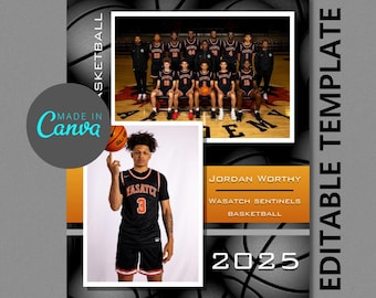 May include: A basketball player wearing a black and orange jersey with the number 3 on it, holding a basketball. The player is standing in front of a black and orange background with the text "WASATCH SENTINELS BASKETBALL 2025" and the name "JORDAN WORTHY".