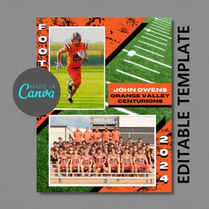 May include: A football team photo template with a black and orange color scheme. The template features a football player running with the ball and a group photo of the team. The text "JOHN OWENS ORANGE VALLEY CENTURIONS 2024" is included in the template.