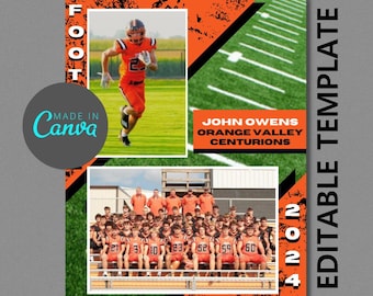 May include: A football team photo template with a black and orange color scheme. The template features a football player running with the ball and a group photo of the team. The text "JOHN OWENS ORANGE VALLEY CENTURIONS 2024" is included in the template.