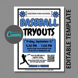 Editable Baseball Tryouts Flyer for Competitive Baseball, Fully Editable Baseball Flyer Template, Editable Canva Flyer, Baseball & Softball