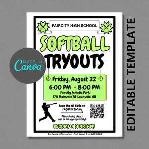 Editable Softball Tryouts Flyer for Softball Team and Baseball Team, Fully Editable Softball Flyer Template, Editable Canva Flyer