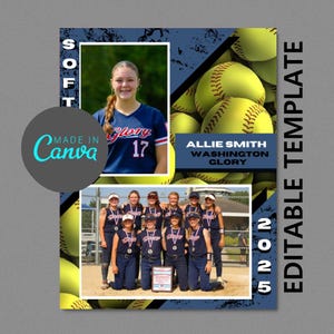 May include: A blue and yellow softball team photo template with a grunge background. The template includes a space for a team photo, a player's photo, and text for the player's name, team name, and team location. The text "SOFTBALL" is written vertically on the left side of the template and the text "EDITABLE TEMPLATE" is written vertically on the right side of the template. The template is decorated with yellow softballs.