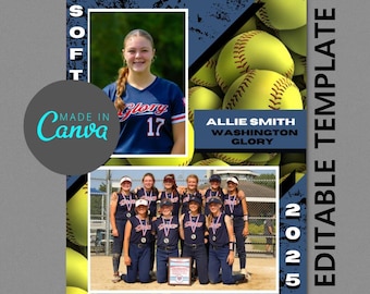 May include: A blue and yellow softball team photo template with a grunge background. The template includes a space for a team photo, a player's photo, and text for the player's name, team name, and team location. The text "SOFTBALL" is written vertically on the left side of the template and the text "EDITABLE TEMPLATE" is written vertically on the right side of the template. The template is decorated with yellow softballs.