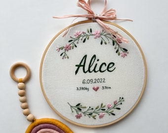Personalized Birth Announcement, newborn name sign, hand embroidered name hoop, nursery floral decor, photo booth props, pregnancy gift