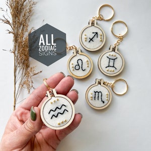 All Zodiac signs keychain, astrological signs, custom astrology keyring, birth stats sign gift, zodiac wood keychain, hand mini embroidery