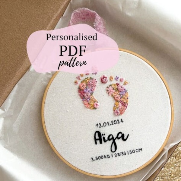 Baby name sign, personalized hand embroidery pattern, embroidery pdf files, personalized embroidery hoop, birth announcement
