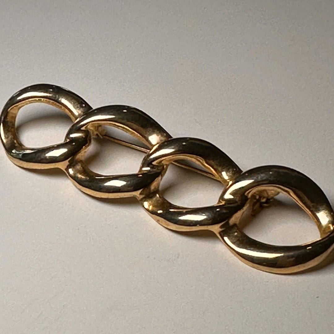 Curb Chain Link Bar Brooch Pin Modernist Gold Tone Interlocking Shiny ...