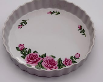 Christineholm Porcelain Quiche Tart Dish Pink Rose Fluted Round White Bakeware