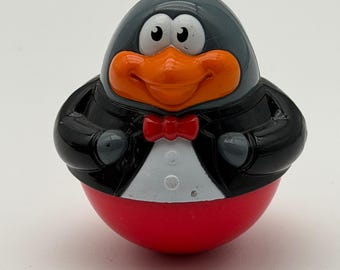 Playskool Vintage Penguin Weeble Wobble Roly Poly Toy Tuxedo Red Black Grey
