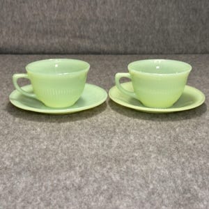 Vintage Jadeite Fire King Tea Cup & Saucer Set - Jane Ray Pattern
