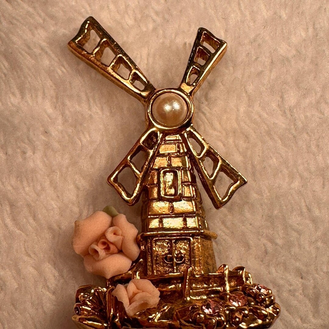 Vintage 1928 Windmill Standing Brooch Pin Faux Pearl Rhinestone Gold ...