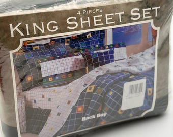 Thomaston Back Bay King Sheet Set 4pc Vintage 90s Geometric Grid Made in USA NEW