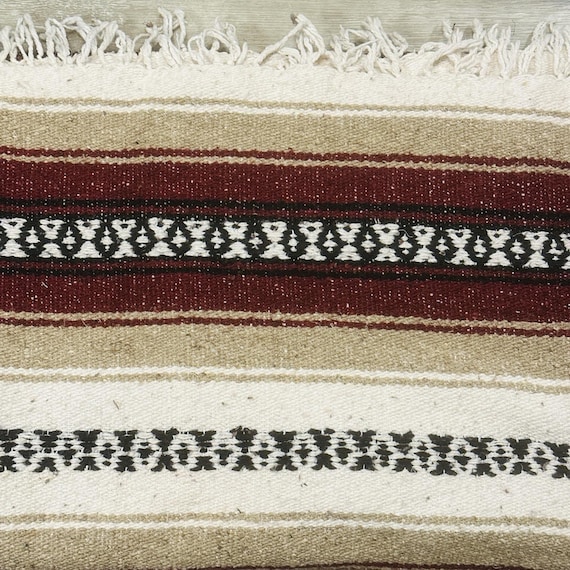 Vintage Mexican Serape Throw Blanket- Red Black Tan Cream w/Fringe (76x43)
