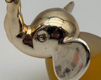 Vintage Elephant Perfume Bottle Frosted Amber Glass Gold Metal Trunk Up Lucky