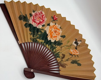 Vintage Shanghai China Bamboo Folding Hand Fan Peony Bird Floral Gold Large