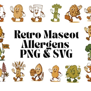 Retro Allergen Maskottchen Icons Bundle Lebensmittel Allergie Clipart Etiketten, Menüs, und Gastronomie-Materialien Nuss Allergie Milch frei von Erdnuss vegetarisch