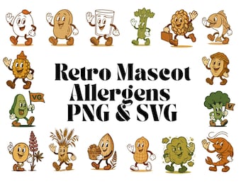 Retro Allergen Mascot Icons: Food Allergy Clipart (SVG, PNG)