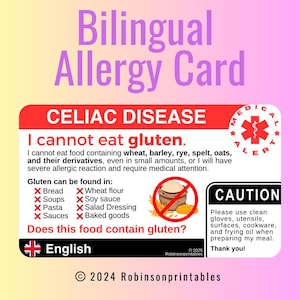 Coeliakie-vertaalkaart Thaise taal Afdrukbare gluten Allergie-back-up voor glutenvrij dineren Thailand Bangkok Phuket reizen