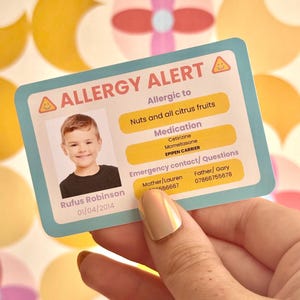 Gepersonaliseerde kinderallergie-ID-kaart Aangepaste medische noodwaarschuwing, plastic, school- en reisveiligheidskaart voor allergieën