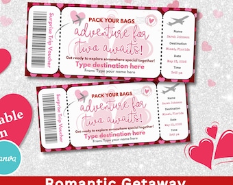 Adventure for Two Boarding Pass | Surprise Trip Reveal | Editable Canva Travel Voucher for Couples