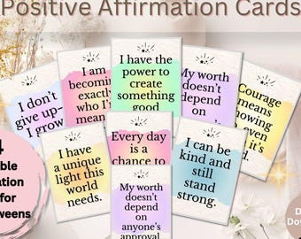 Printable Affirmation Cards for Kids and Tweens | 24 Positive Quote Cards | Confidence & Kindness Gift | Editable Digital Download