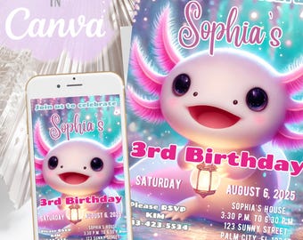Pink Axolotl Birthday Invitation: Editable Party Invite (Digital Download)