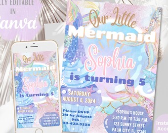 Editable Mermaid Birthday Invitation Template (Digital Download)