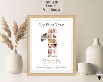 My First Year Photo Collage | Editable Baby Milestone Art | 12 Month Picture Poster | Custom Name & Date Printable Gift