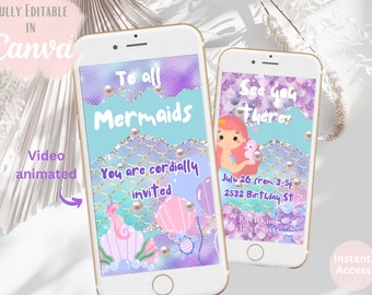 Animated Mermaid Birthday Party Video Invitation: Editable Canva Template