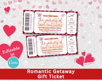Romantic Gift Boarding Pass | Editable Canva Travel Voucher | Surprise Trip for Couples or Anniversary Getaway