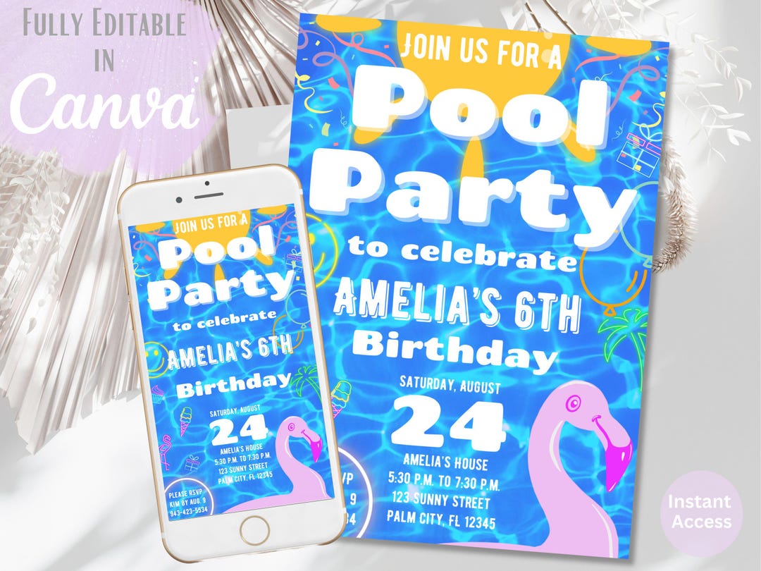 Pool Party Birthday Invitation Template | Editable Canva Evite | Summer ...