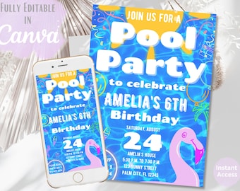 Pool Party Birthday Invitation Template | Editable Canva Evite | Summer Kids Invite | Printable & Digital Download