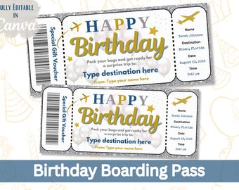 Editable Birthday Boarding Pass | Blue Travel Gift Ticket | Printable Surprise Trip Voucher Template