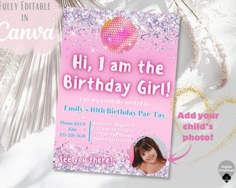 Pink Disco Birthday Card: Editable Photo Invitation, Tween/Teen Girl Party (Digital Download)