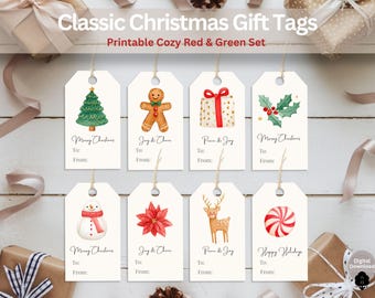 May include: A set of eight Christmas gift tags with watercolor illustrations. Designs include a Christmas tree, gingerbread man, gift, holly, snowman, poinsettia, reindeer, and candy cane. Each tag has space for "To:" and "From:" and the words "Merry Christmas", "Joy & Cheer", and "Happy Holidays".