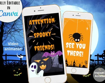 Editable Kids Halloween Costume Party Video Invitation | Animated Canva Template | Spooky Birthday Evite