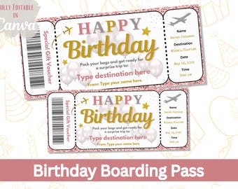 Editable Birthday Boarding Pass | Surprise Trip Gift Ticket | Printable Travel Voucher Template