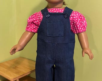 Bibbed Overalls with pink, white dot shirt. Fits 18' soft body doll such as American Girl.