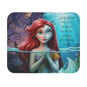 May include: Square coaster featuring a split-face design of a mermaid and a rag doll, with red hair and blue skin. The image includes the text "I'd trade my voice for a heartbeat, my fins for stitches, all for the sake of love."
