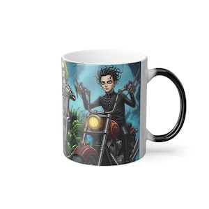 Color Morphing Mug, Tim Burton Boys, Edward Scissorhands, Beetlejuice, Jack Skellington Motorcycle Ride Mug, Unique Heat Sensitive Coffee