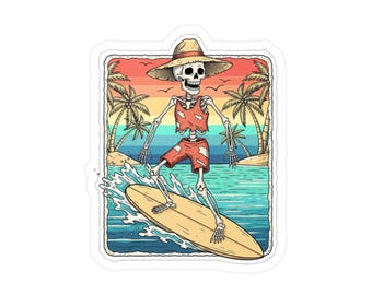 Spooky Summer Surfing Skeleton Kiss-Cut Vinyl Decals, Summerween Stickers, Halloween Decor, Creepy Car Decals, Skeleton Laptop Stickers