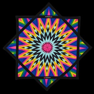 May include: A colorful, geometric star-shaped textile with a black border. The design features a vibrant array of colors including pink, blue, yellow, and green. The center has a pink burst pattern, and the edges have the text "trippysquid.com".