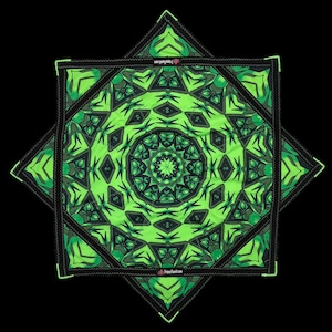 May include: Two square, green and black patterned bandanas with a symmetrical design. The bandanas have a black border and a vibrant green and black geometric pattern. The background is black. The website address happySquid.com is printed on the bandana.