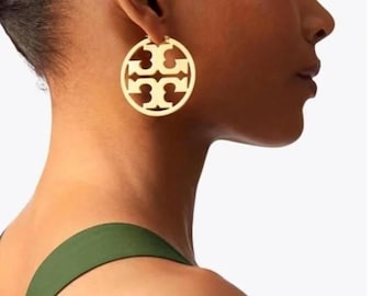 Tory Burch Gold Tone Double T Logo Hoop Earrings, Large Statement Designer Jewelry