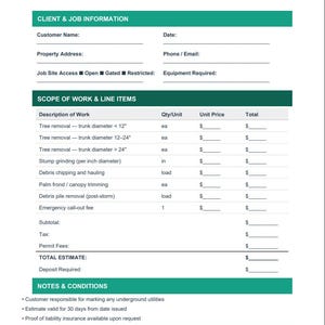 Puede incluir: Una plantilla de orden de trabajo y presupuesto de servicio de árboles con encabezado y pie de página turquesa. El documento incluye secciones para información del cliente, detalles del trabajo y un alcance de trabajo con elementos de línea para la eliminación de árboles.
